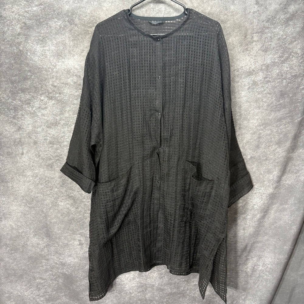 Annikki Karvinen Basketweave Open Knit Oversized Tunic Black Button Up Linen